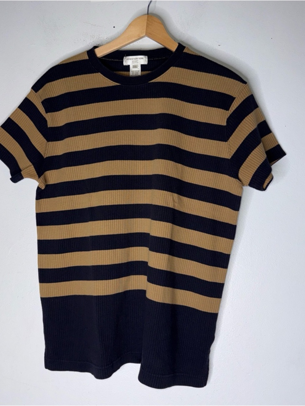 Vintage Jones New York Sport Brown Navy Wide Stripe Ribbed Short Sleeve Tee PL